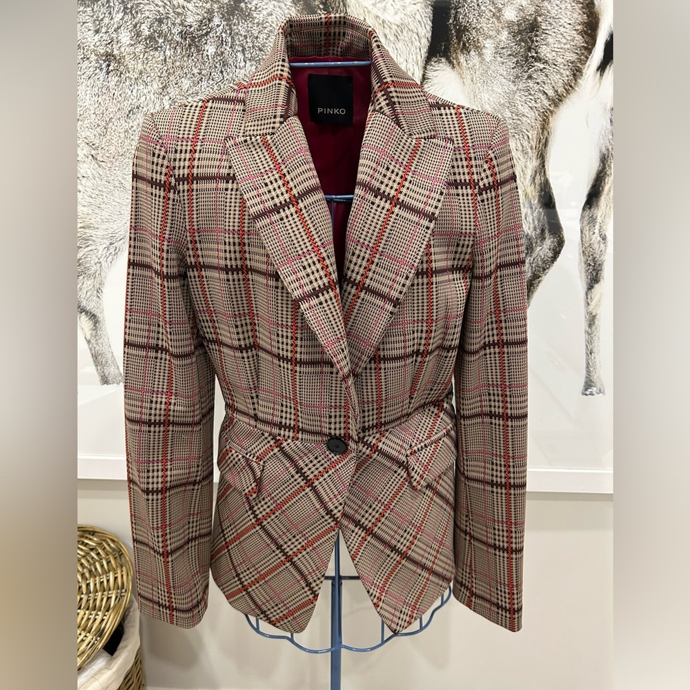 Italian Pinko fitted plaid blazer with pink stripe. Size 4
